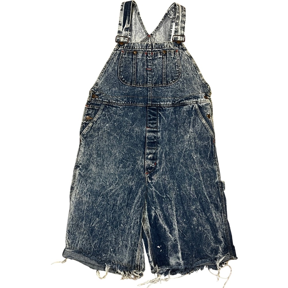 90s Vintage Cherokee Acid Wash Denim Overall Shorts Womens L Made in USA Utility